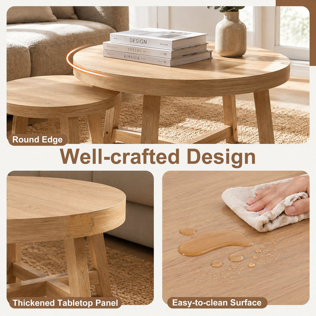 Round Nesting Coffee Tables Set of 2 with X-Cross Support - Natural Wood Finish