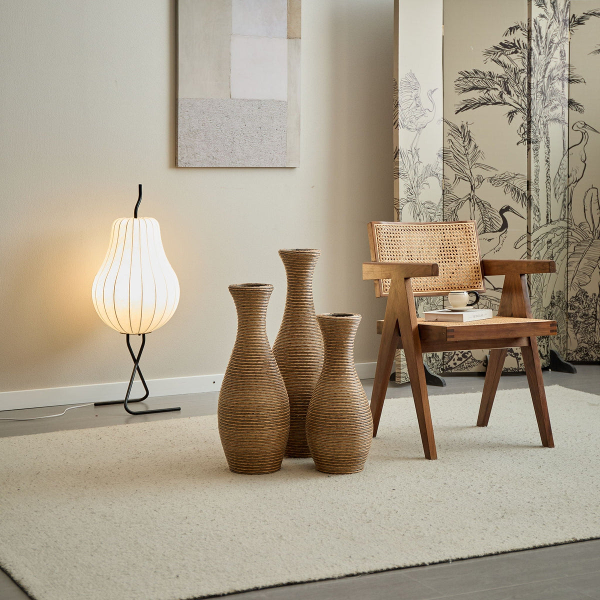 3 Piece Artificial Rattan Floor Vase Set with Modern Artistic Style - Beige