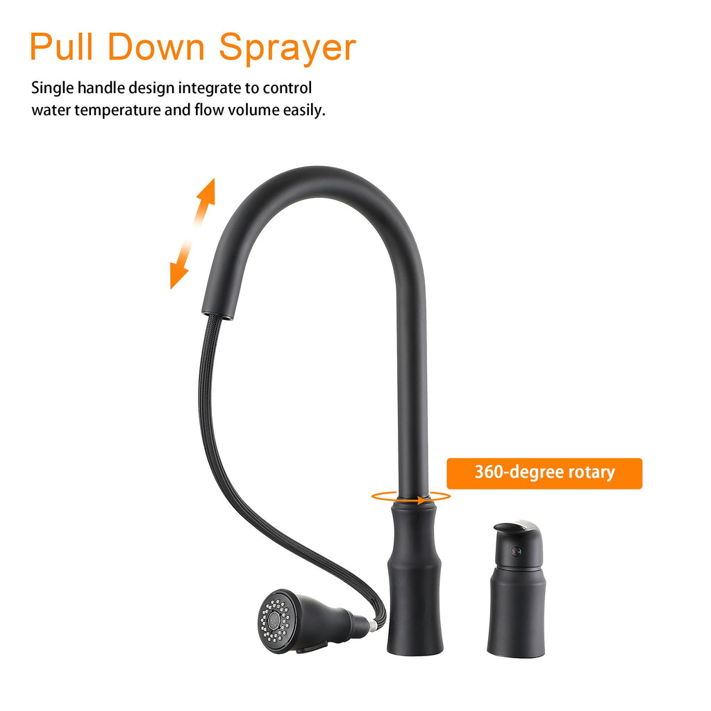 Matte Black Kitchen Sink Faucet with Pull Down Sprayer - Lead-Free Brass