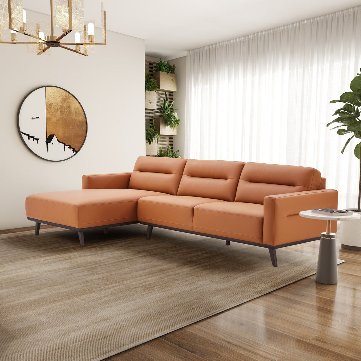 L-Shaped Sectional Couch with Solid Wood Frame and Vegan Upholstery - Yellow or Light Brown