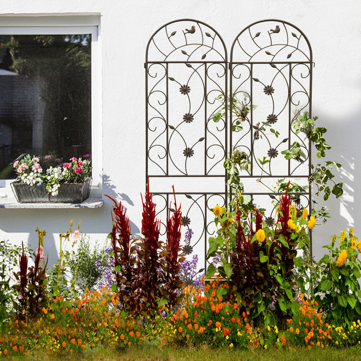 Rustproof Metal Garden Trellis Set with Reliable Plant Support - Brown