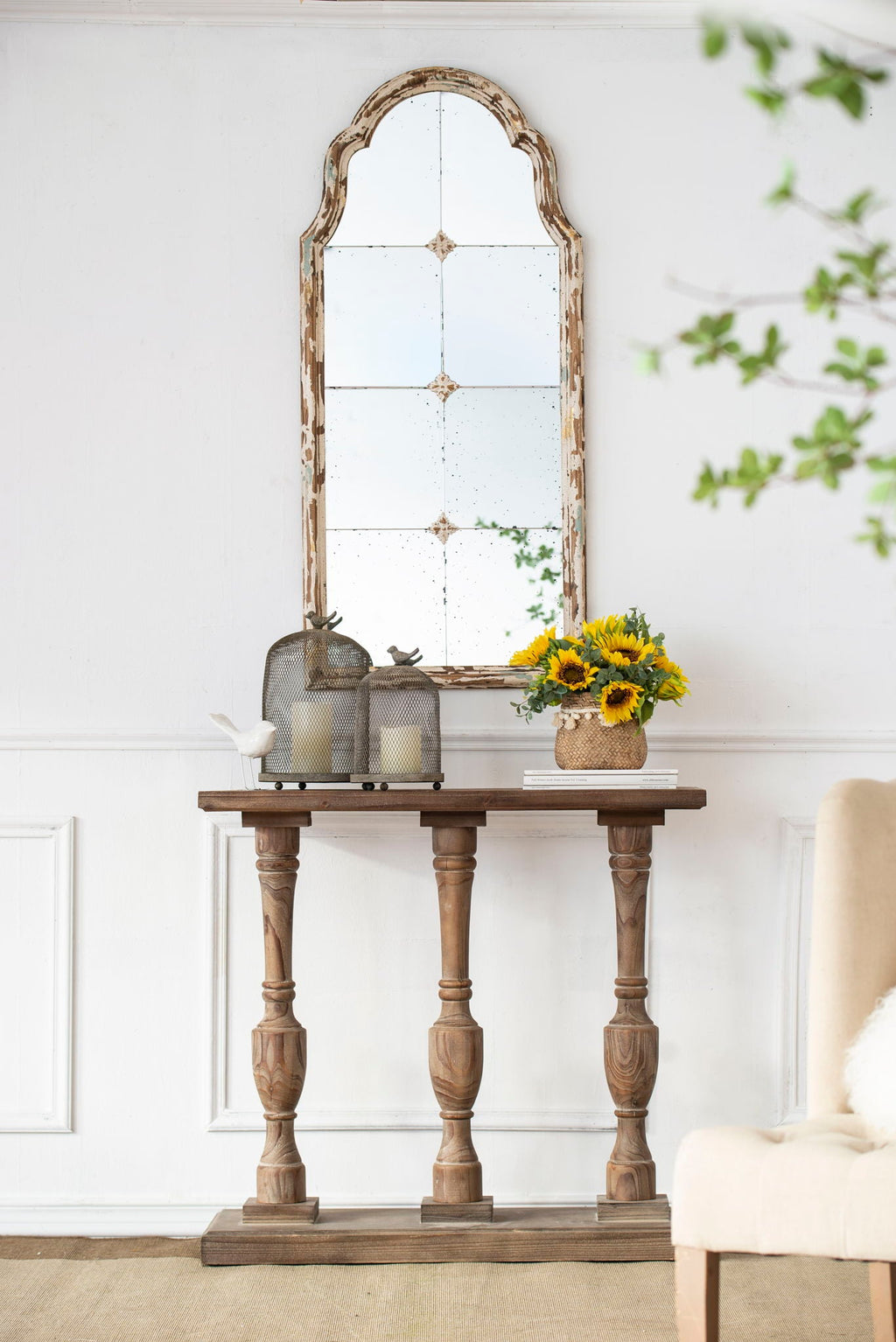 Large & Framed Arched Wall Mirror with Decorative Window Design - Cream