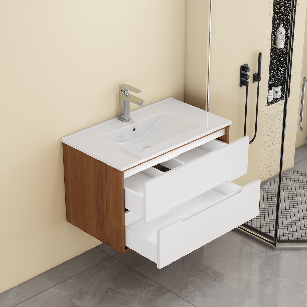 32-Inch Wall-Mounted Bathroom Vanity with Ceramic Sink Combo - Walnut/White