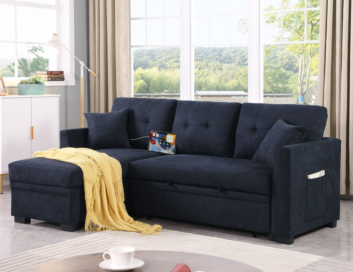 Sectional Sofa Bed with USB Port and Storage - Black or Dark Gray