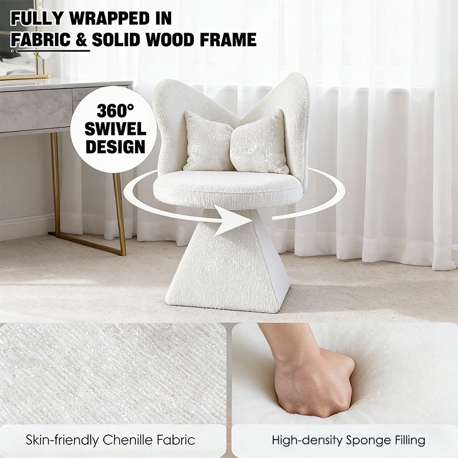 Vanity Chair with Butterfly Back with 360° Swivel - Chenille Velvet