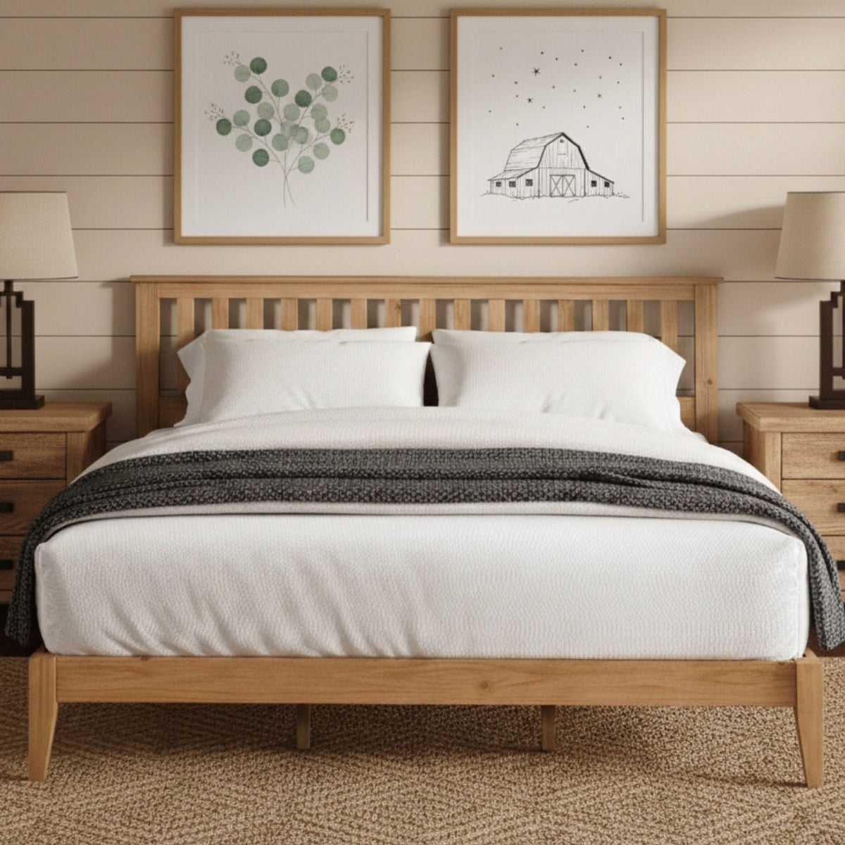 Light Brown Panel Bed with Integrated Slat Support - Queen or King