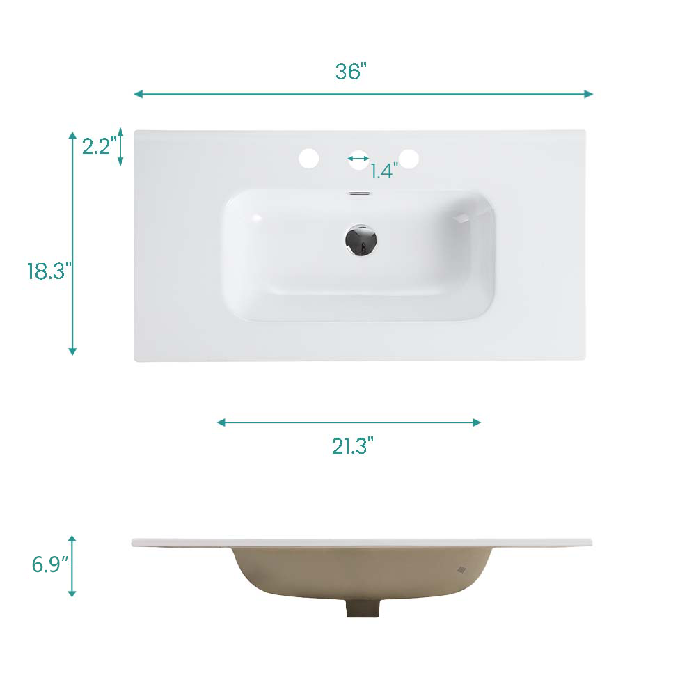 Glossy White Ceramic Integrated Bathroom Vanity Sink - Gloss White