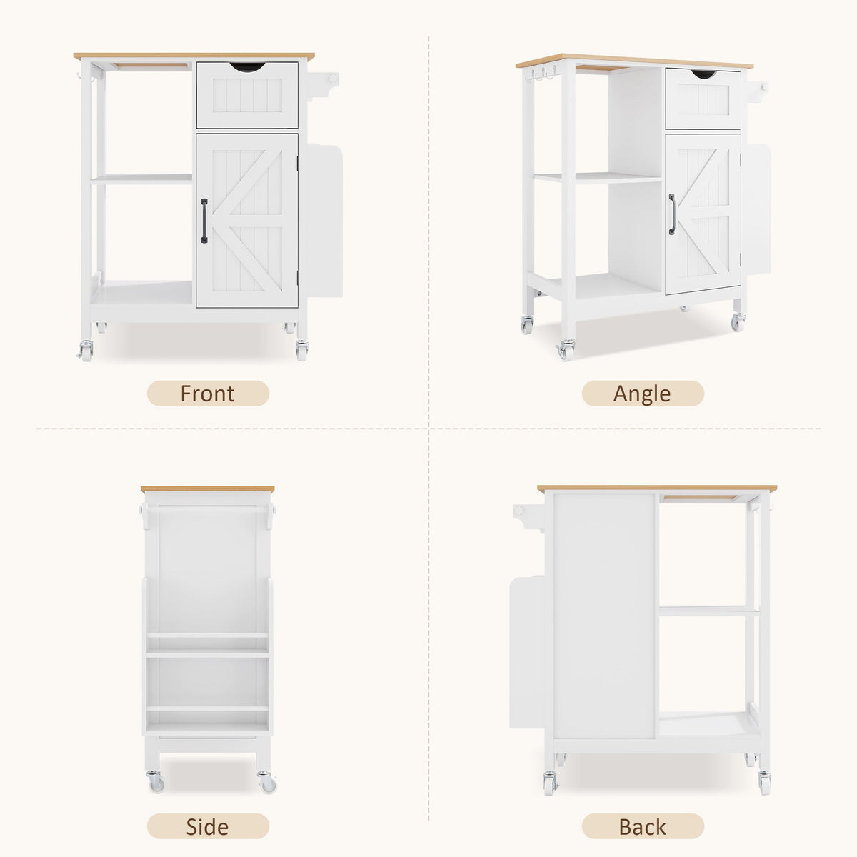 Kitchen Island Cart with Mobile Storage Cabinets - MDF & Metal