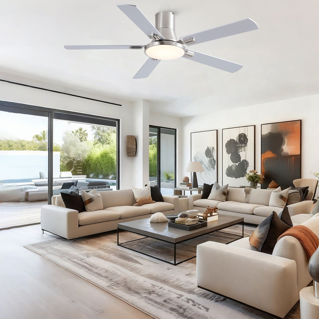 Flush Mount Ceiling Fan with LED Light and Remote Control - Black, White, Pearl Silver