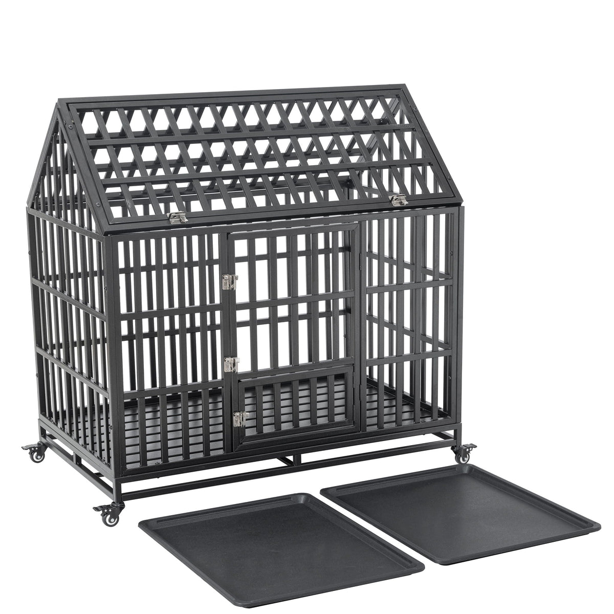 Heavy Duty Dog Crate with Lockable Wheels - Black
