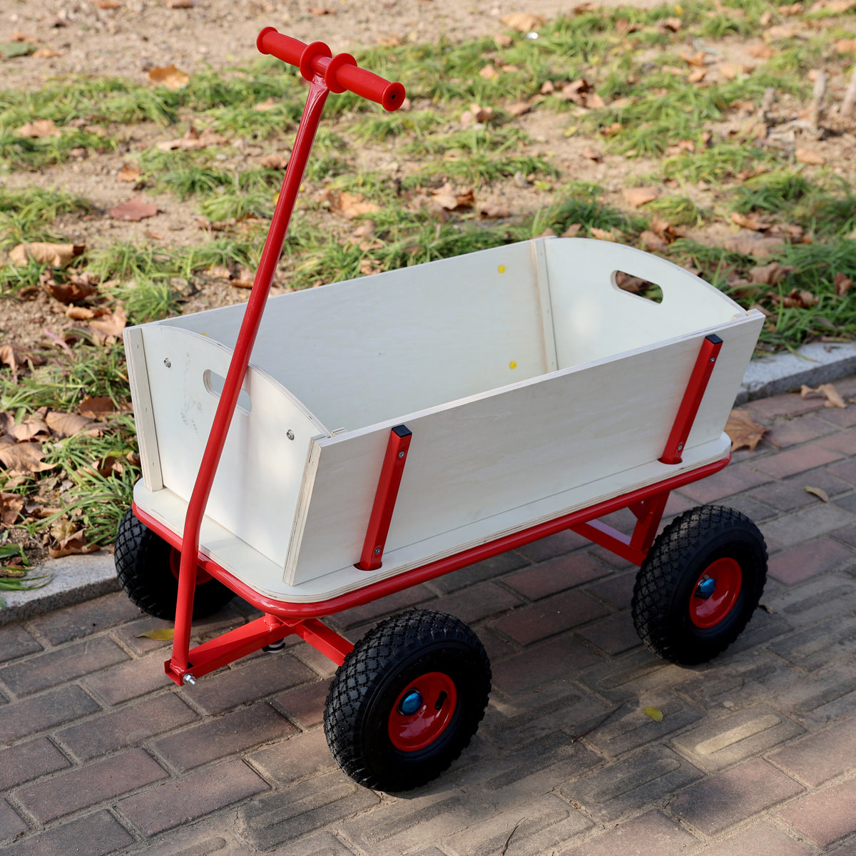 Wooden Carriage Outdoor Stroller with Four-Wheel Design - Natural Wood