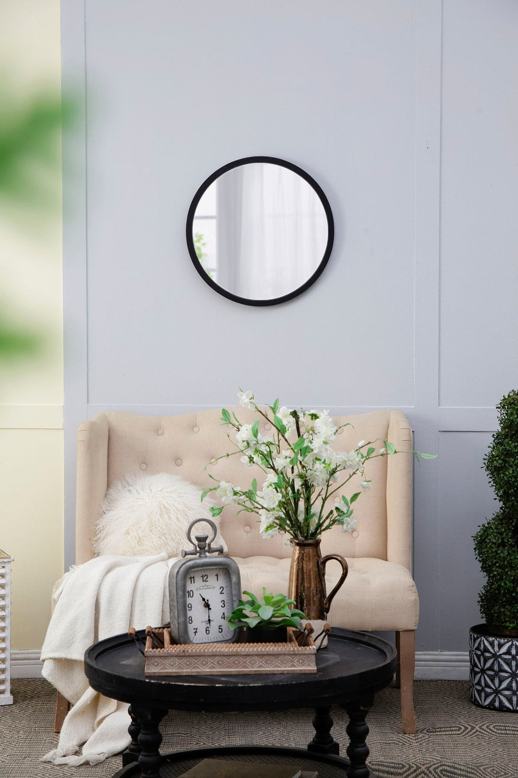 Circle Wall Mirror with Wooden Frame - Black, Light Brown, Dark Brown