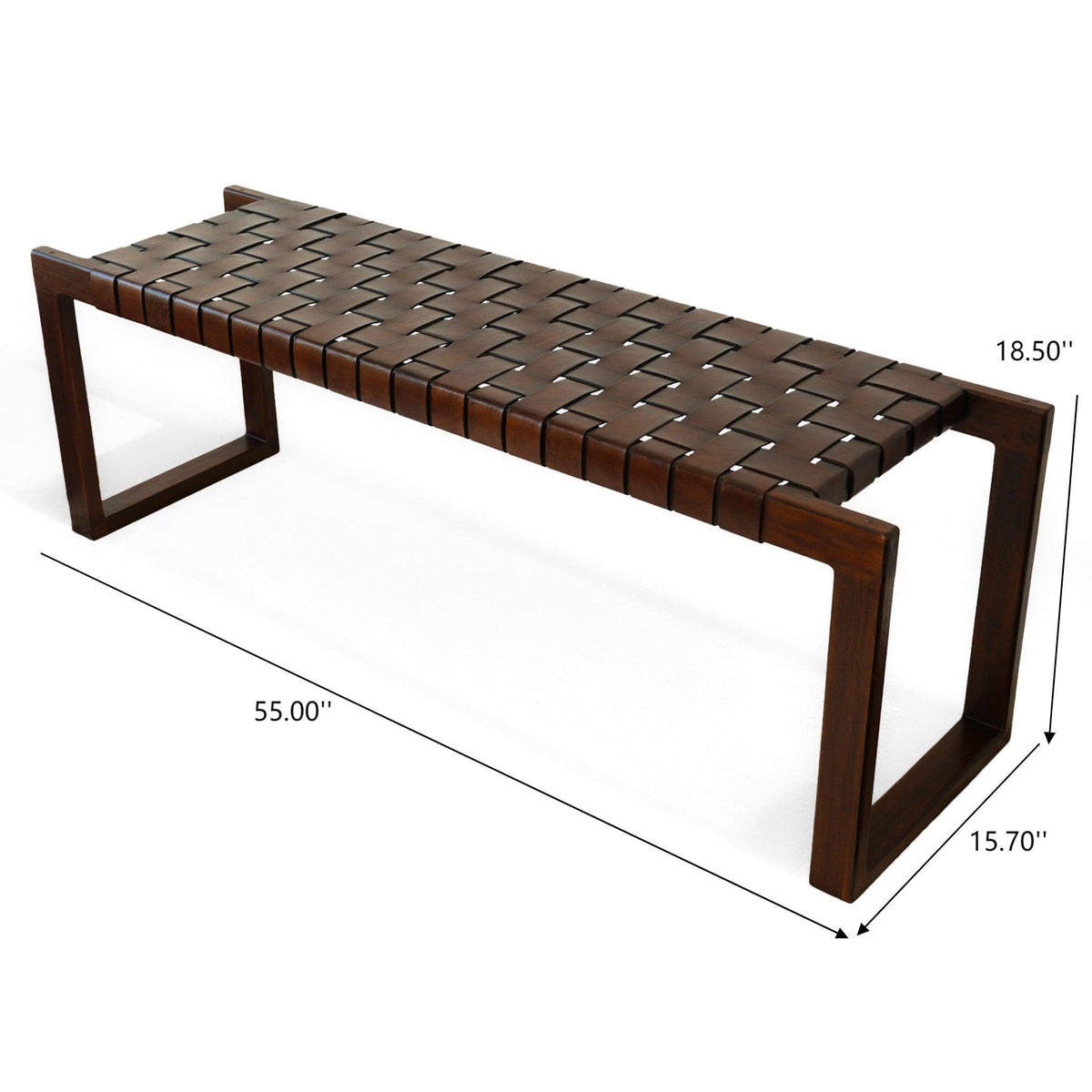Cognac Brown Upholstered Bench with Genuine Leather Seat - Mid-Century Modern