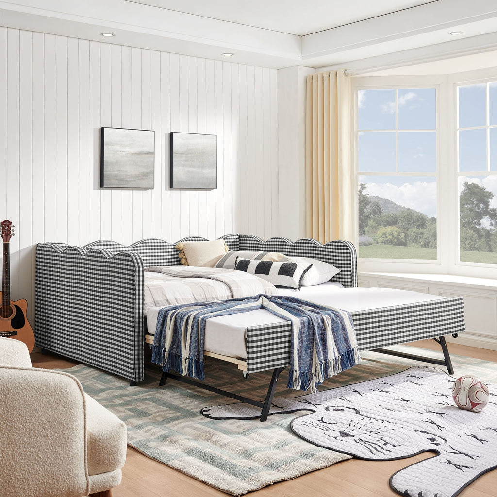 Gingham Daybed with USB Charging Port and Wave-Shaped Design - Multiple Colors