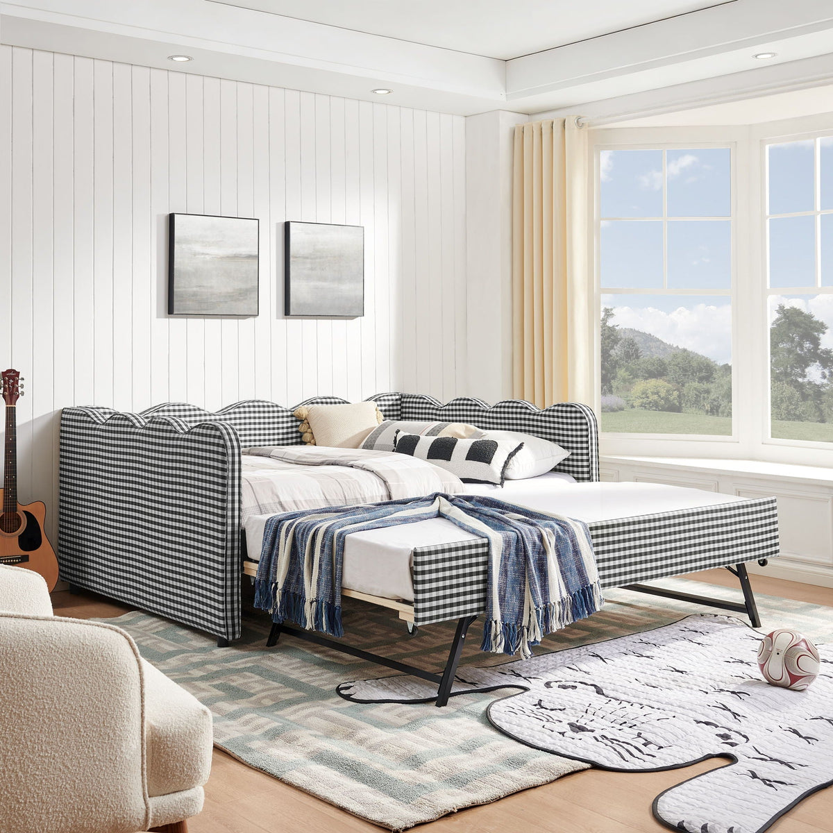 Gingham Daybed with USB Charging Port and Wave-Shaped Design - Multiple Colors