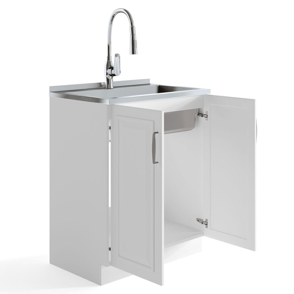Deluxe Laundry Cabinet with Pull-Out Faucet and Stainless Steel Sink - White
