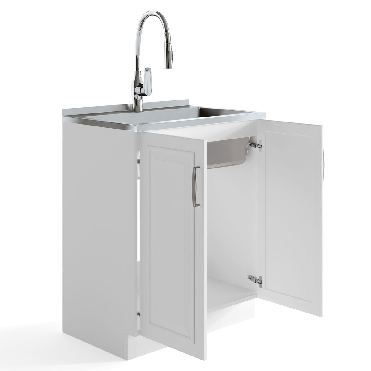 Deluxe Laundry Cabinet with Pull-Out Faucet and Stainless Steel Sink - White