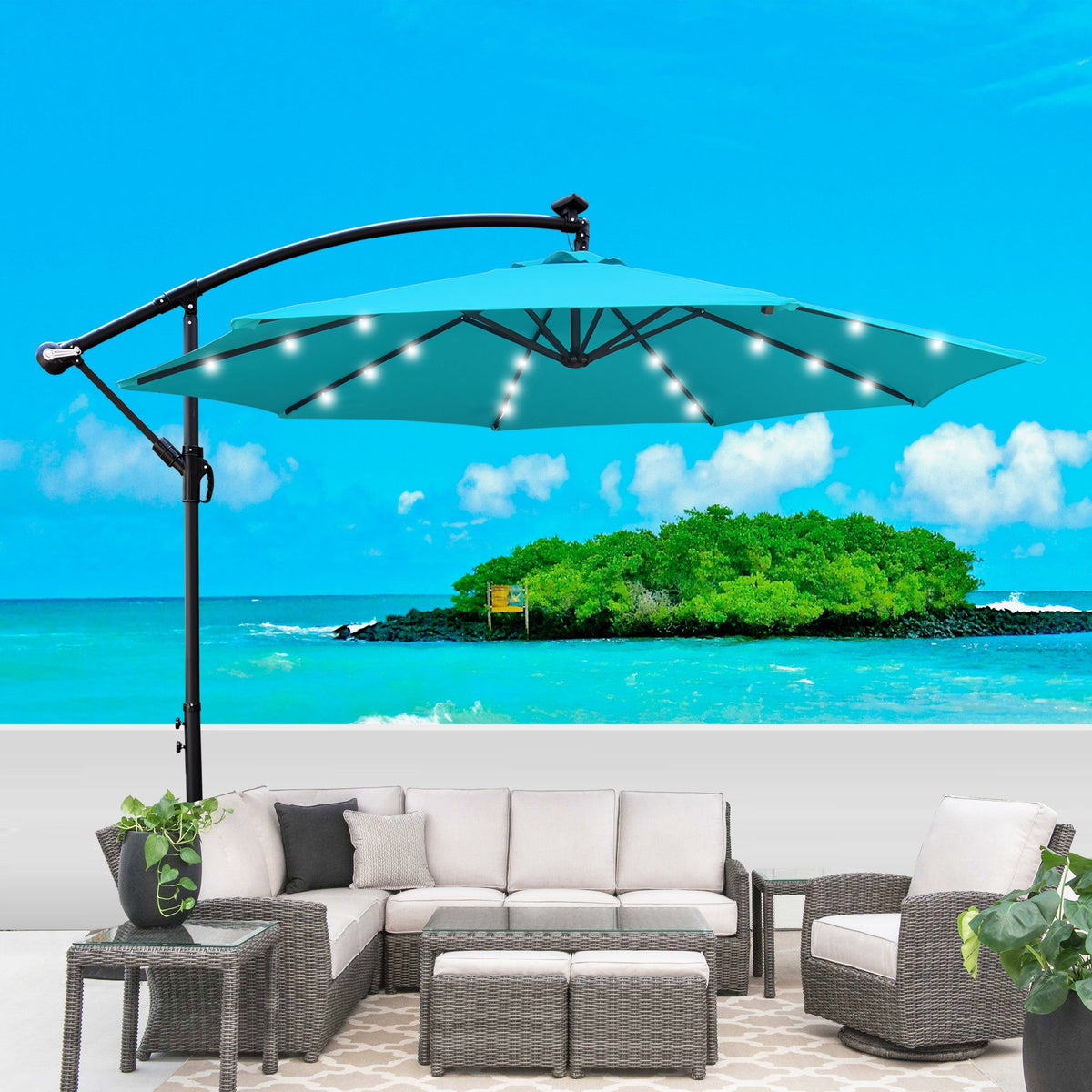 10 ft Outdoor Patio Umbrella with Solar LED Lighting - Turquoise