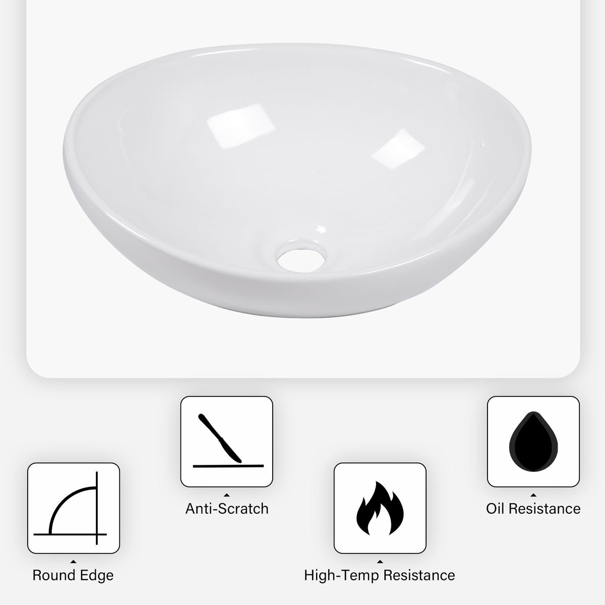 Oval Vessel Bathroom Sink with Stain-Resistant Ceramic - White