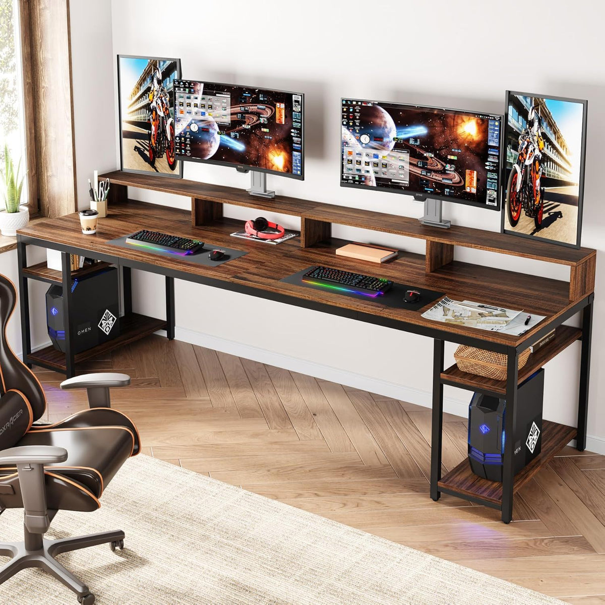 2 Person Desk with Monitor Stand and Dual Storage - Brown / Black