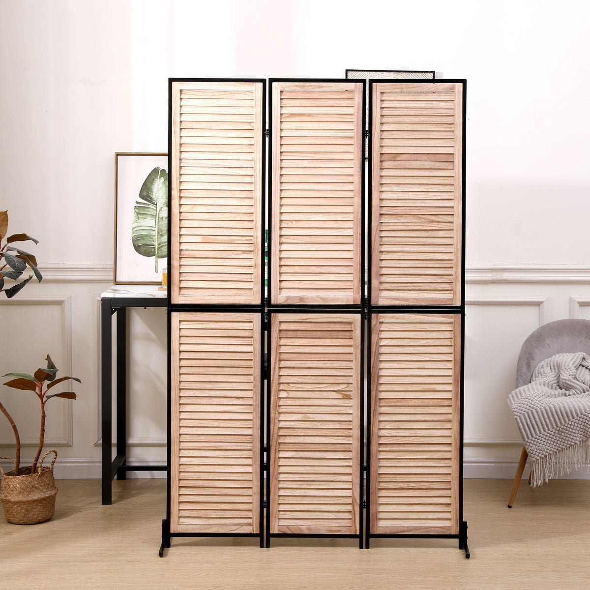 Rustic 3 Panel Room Divider with Metal Frame - Black or Light Brown