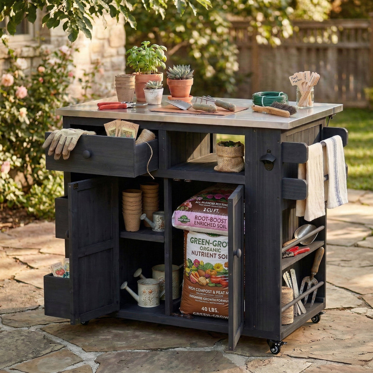 Outdoor Solid Wood Kitchen Island with Extendable Stainless Steel Top - Black, Brown, Gray