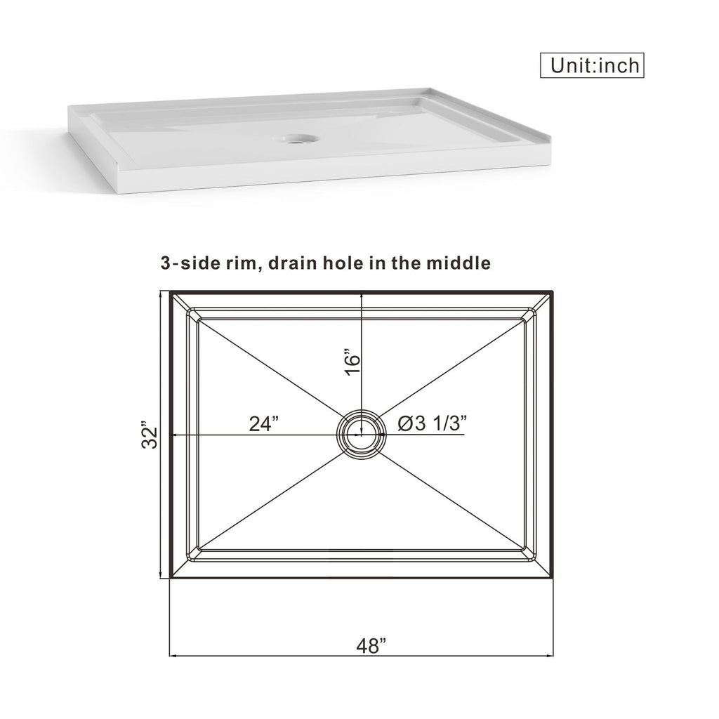 Anti-Slip Shower Base with Center Drain - White