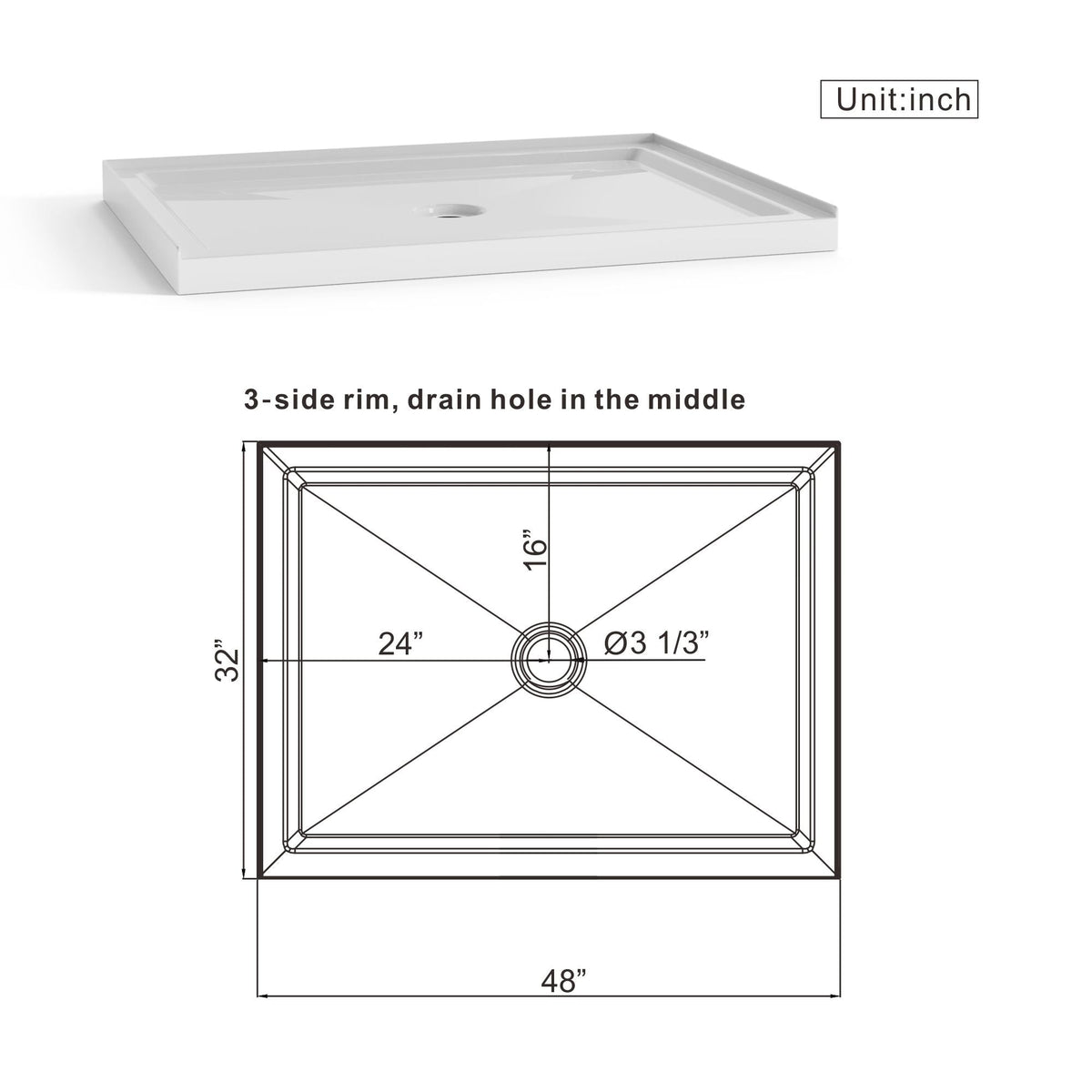 Anti-Slip Shower Base with Center Drain - White