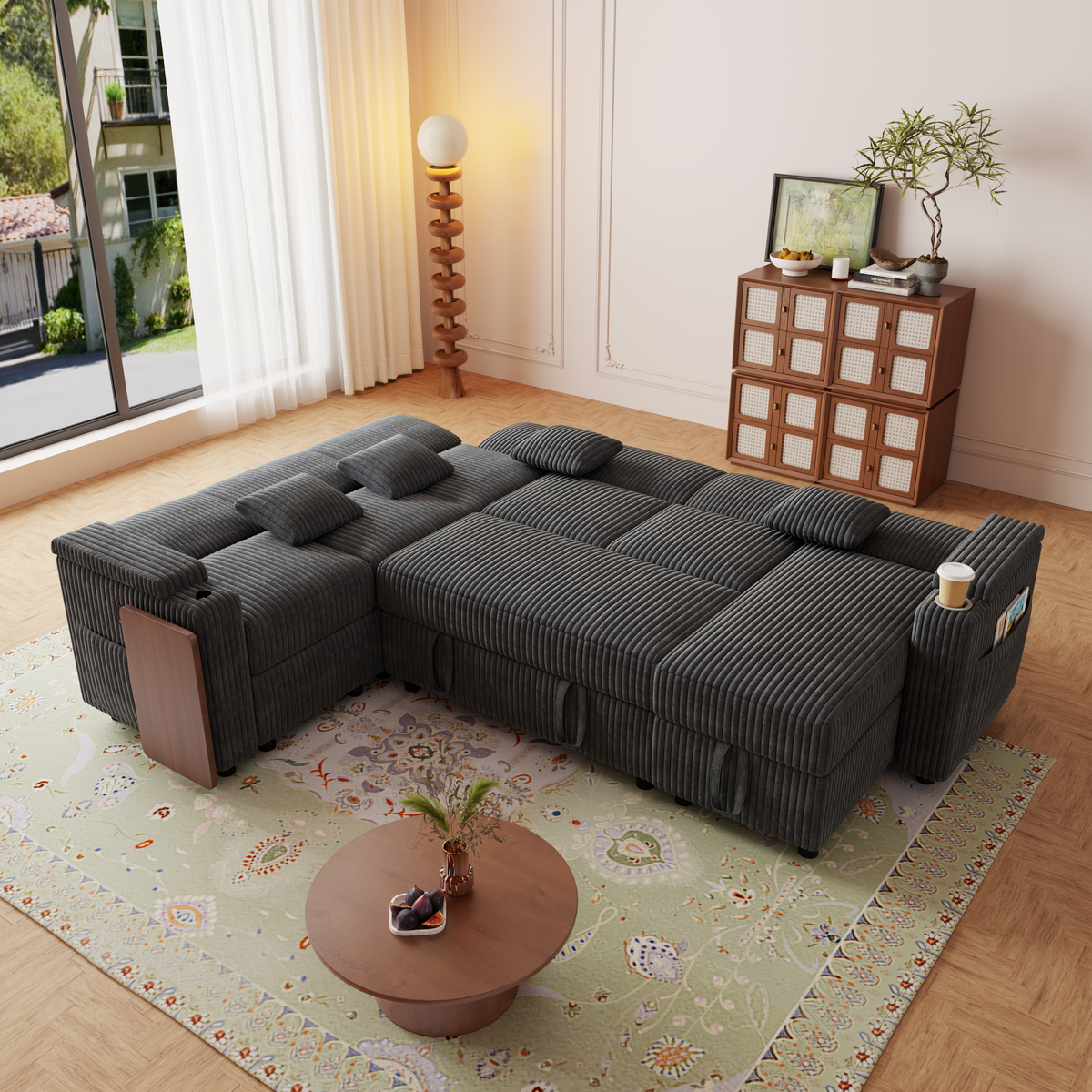 100-Inch Pull-Out Sofa with USB Ports and Cup Holder - Corduroy
