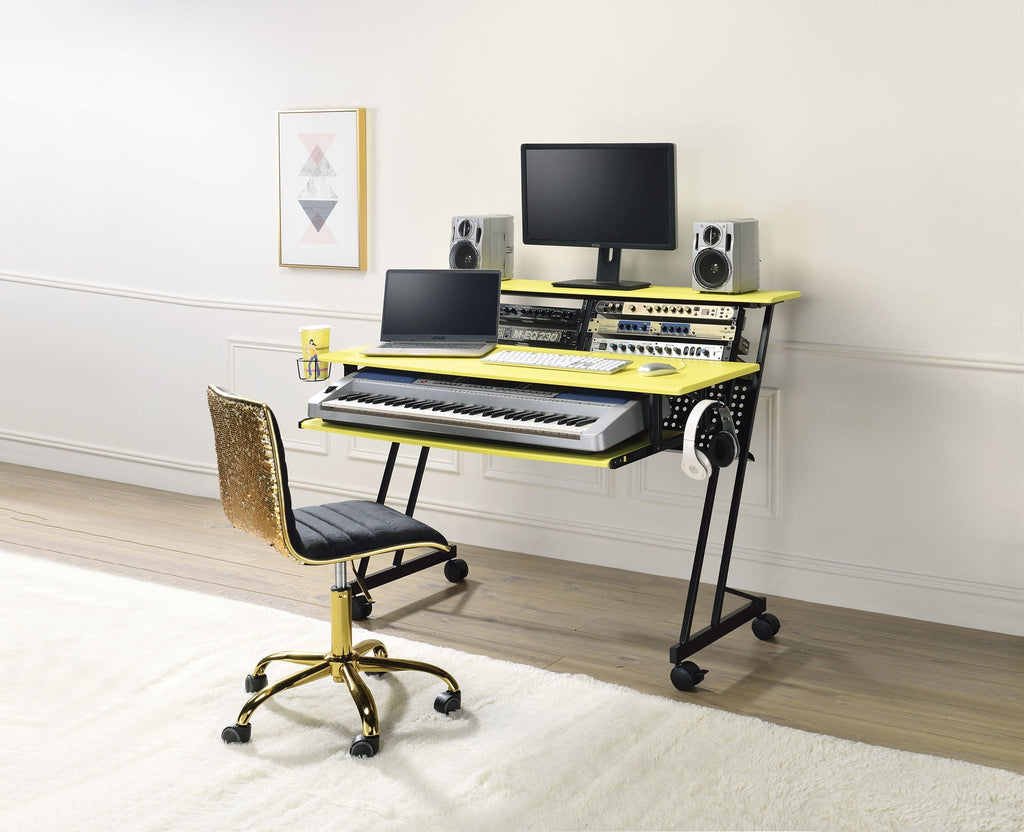 Music Recording Studio Desk with Cable Management - Black and Yellow