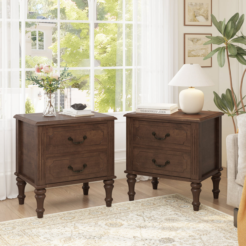 Farmhouse Nightstand with 2 Drawer, Solid Wood Bedside Table - Walnut