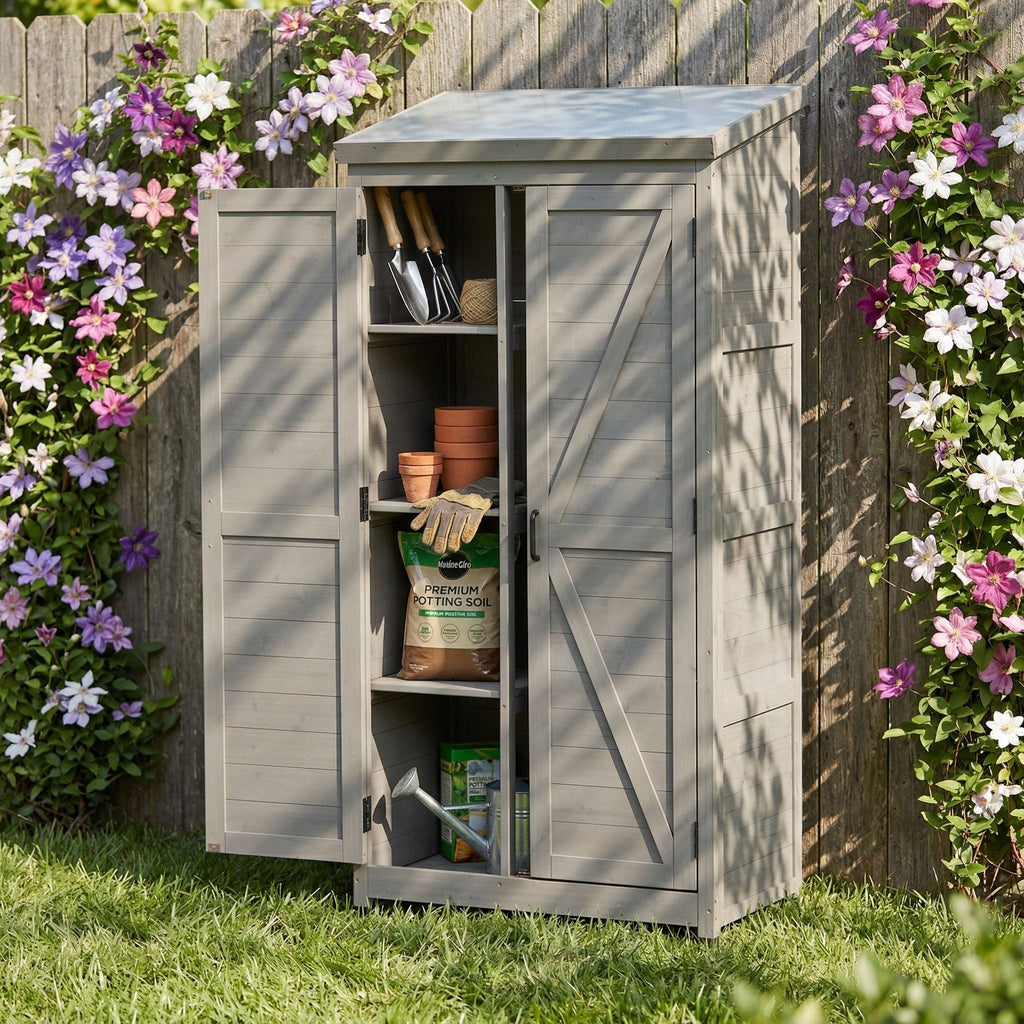 Outdoor Storage Shed with Vertical Tool Cabinet - Solid Wood, Dark Gray or Light Brown