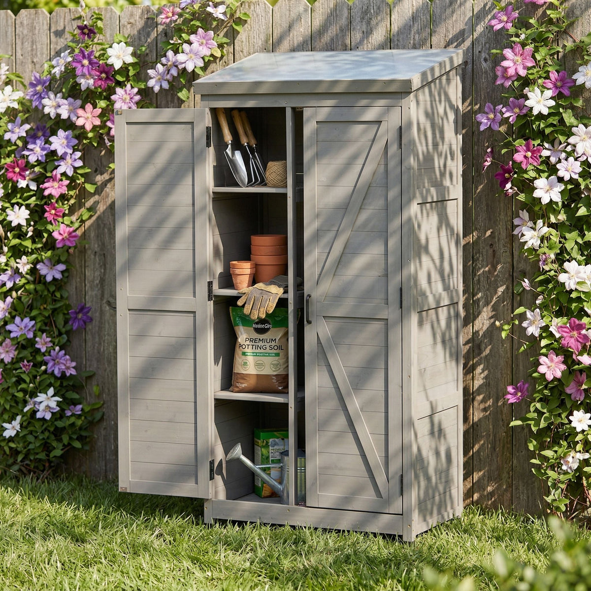 Outdoor Storage Shed with Vertical Tool Cabinet - Solid Wood, Dark Gray or Light Brown