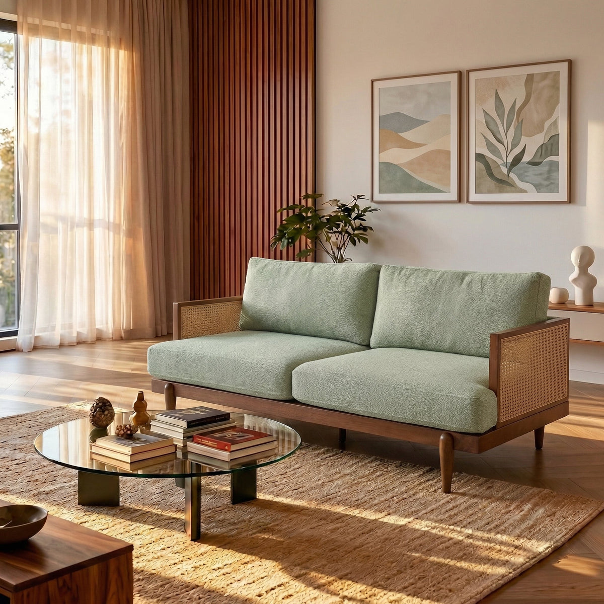 Emir 72" Square Arm 3-Seater Velvet Sofa with Cane Rattan - Camel or Light Green