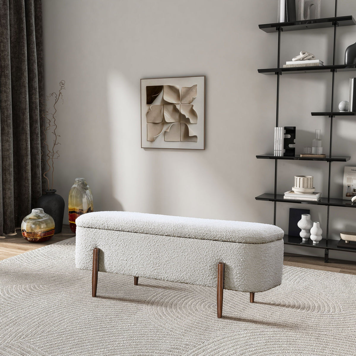Ivory Storage Bench with Hidden Storage - Boucle Upholstery