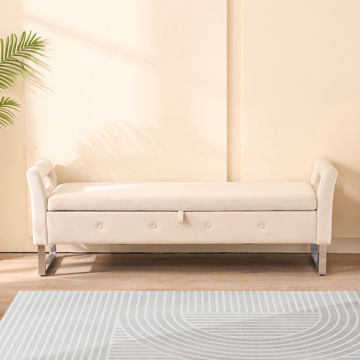 Wide Storage Ottoman Bench with Armrests - Fabric