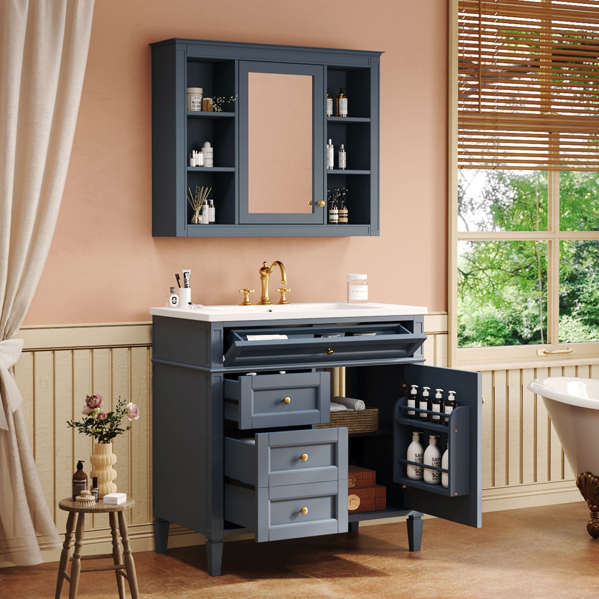 Bathroom Vanity With Mirror Cabinet and Single Sink - Soft-Closing Doors