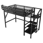 Black Loft Bed with Stairs, Storage Shelf, and LED Lighting