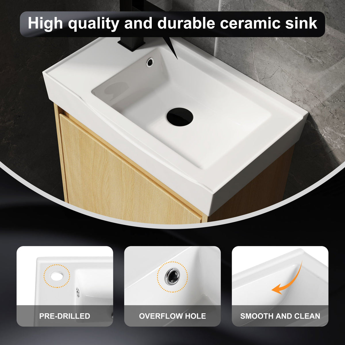 Modern Bathroom Vanity with Ceramic Basin and Storage Cabinet - Light Brown, Black, or White