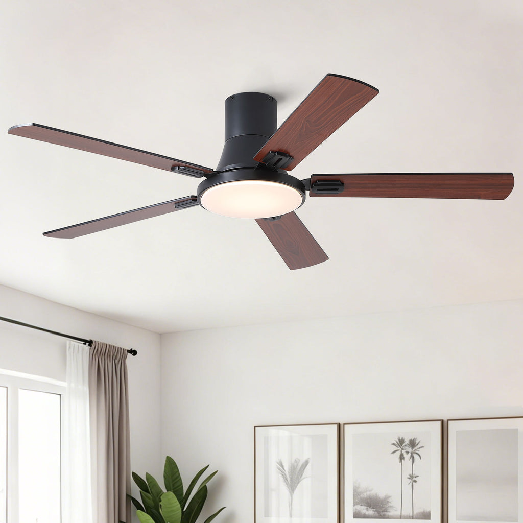 Flush Mount Ceiling Fan with LED Light and Remote Control - Black, White, Pearl Silver