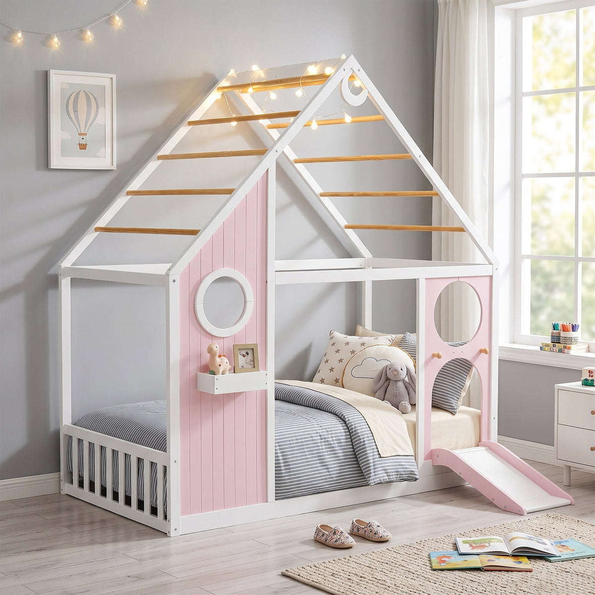 Twin House Bed with Slide - Playhouse Design - Pink
