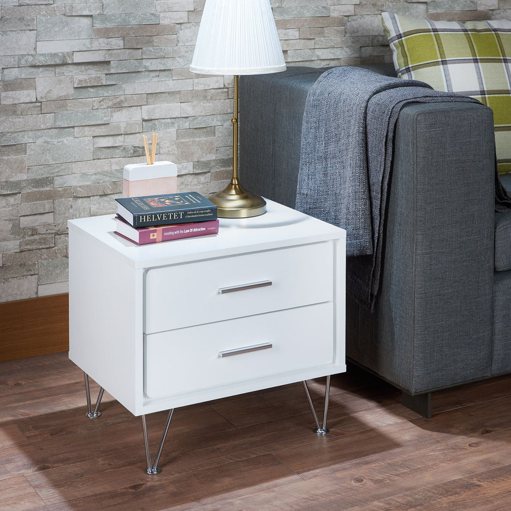 White Accent Table with Storage Drawers and Chrome Legs