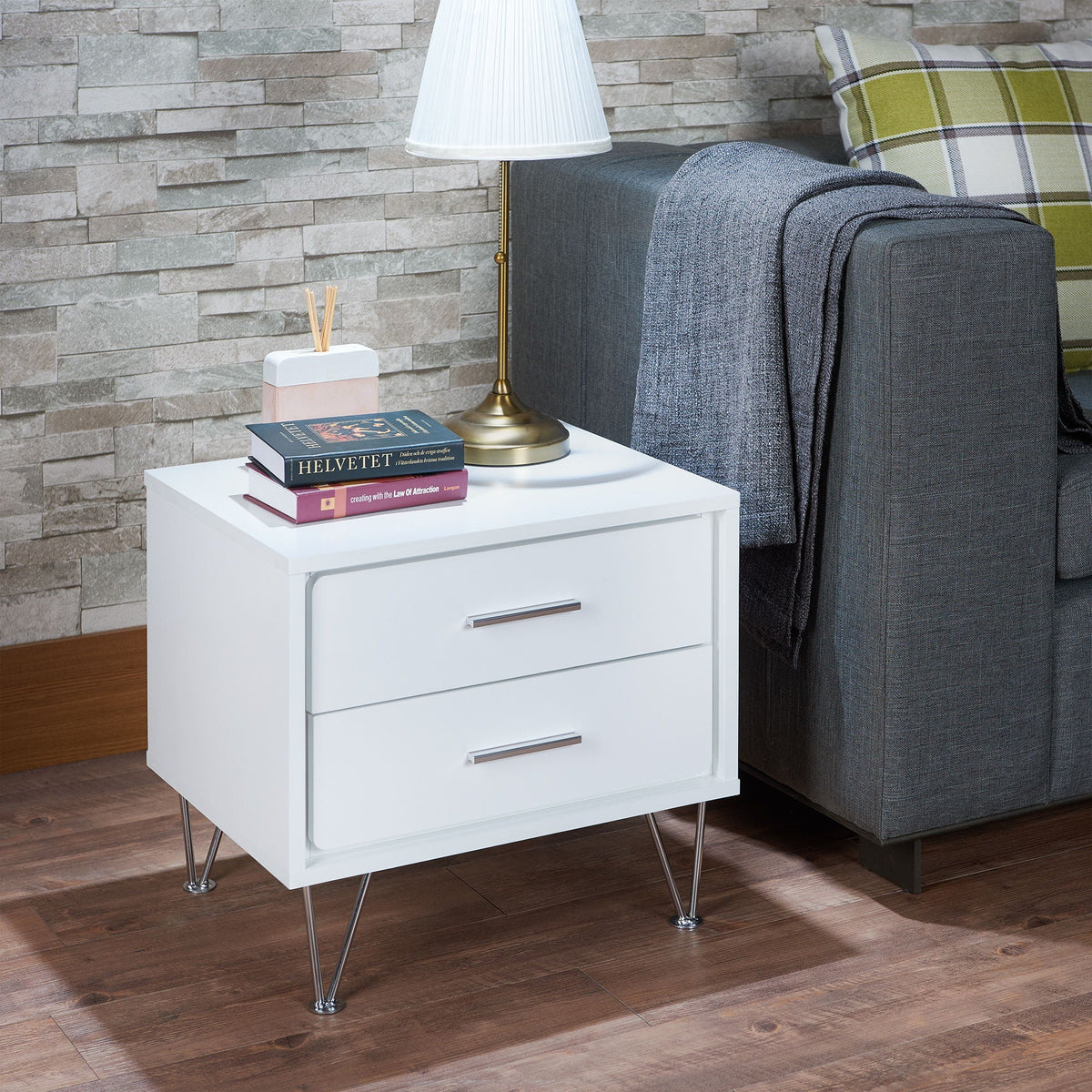White Accent Table with Storage Drawers and Chrome Legs