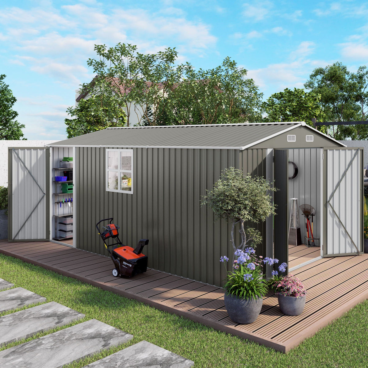 Outdoor Storage Shed with Lockable Doors - Dark Gray