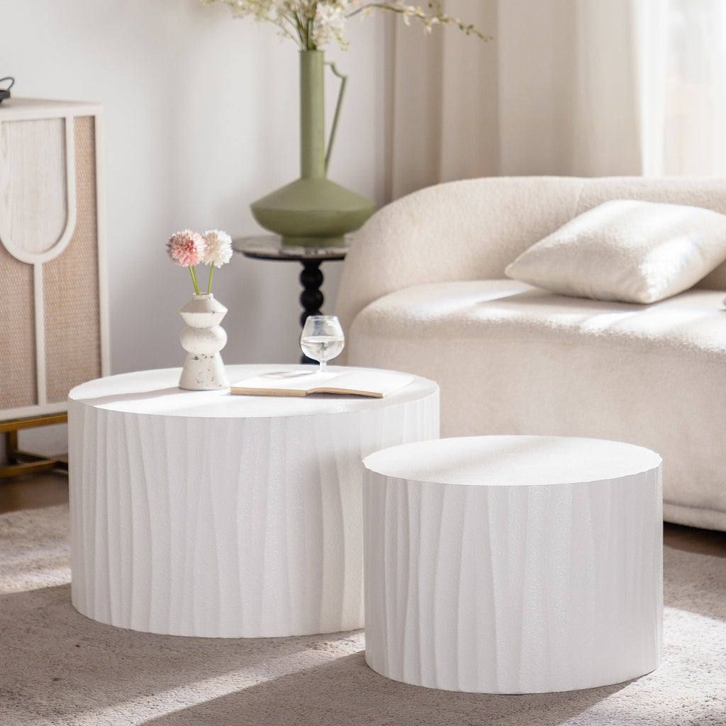 Nesting Coffee Table Set of 2 Round Wooden Tables with Handcrafted Relief - Wood Finish