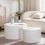 Nesting Coffee Table Set of 2 Round Wooden Tables with Handcrafted Relief - Wood Finish