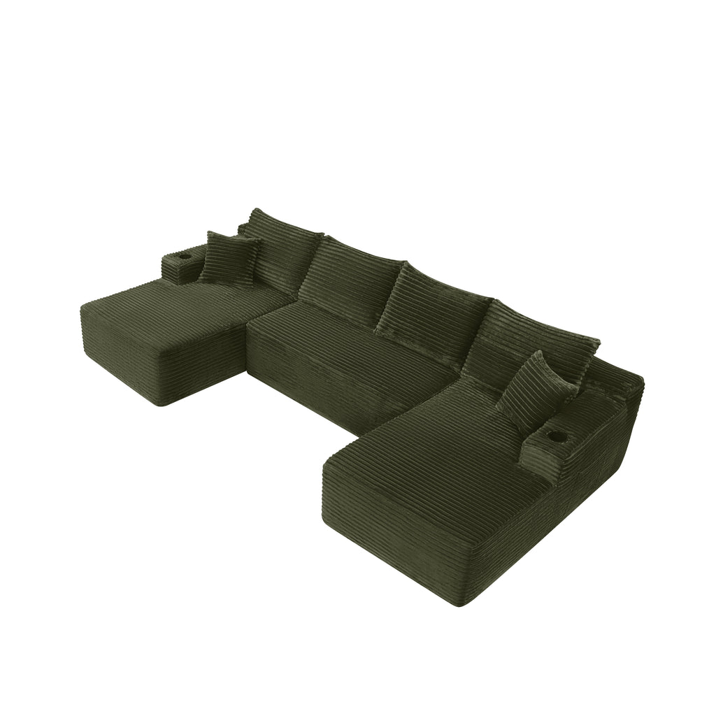 134" Cloud Sectional Sofa with U-Shape Chaise and Cup Holders - Green