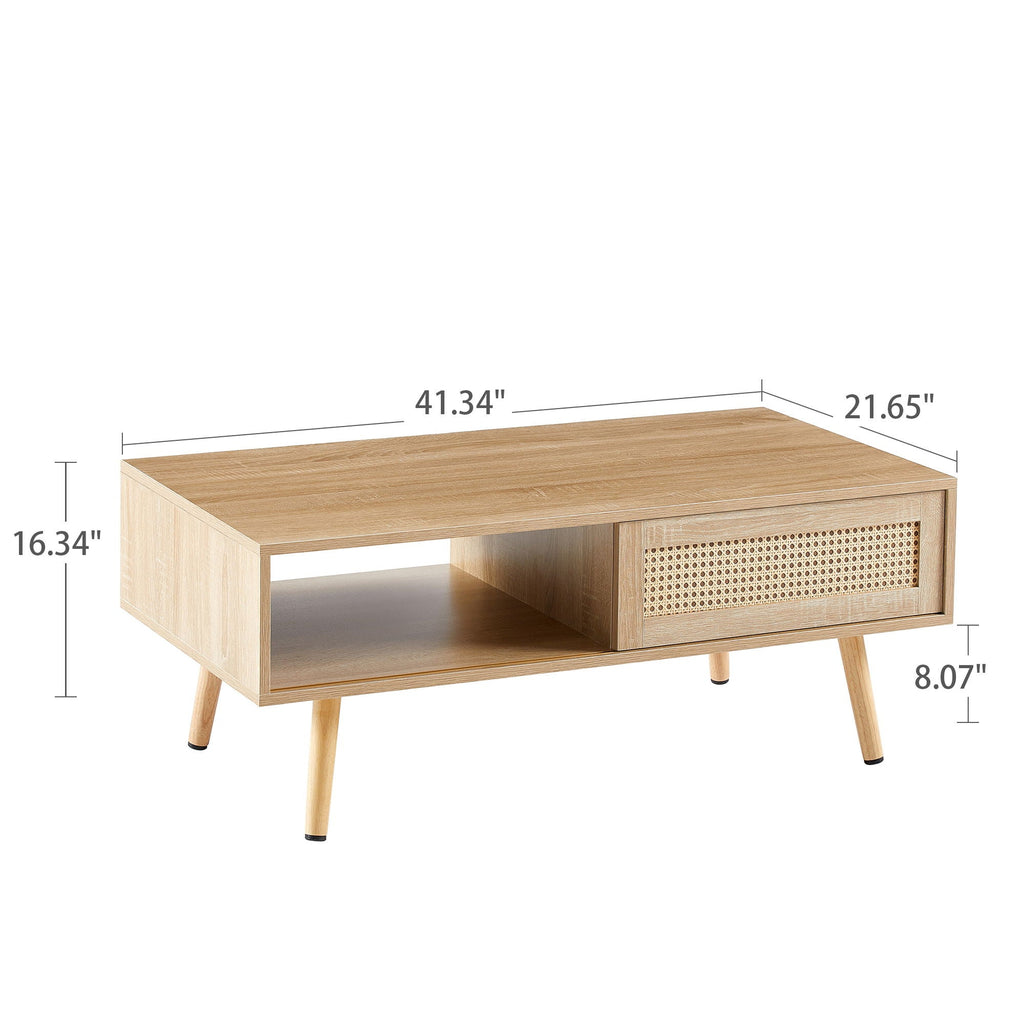 Rattan Coffee Table with Sliding Storage Door – Solid Wood Legs - Light Brown, White, or Dark Brown