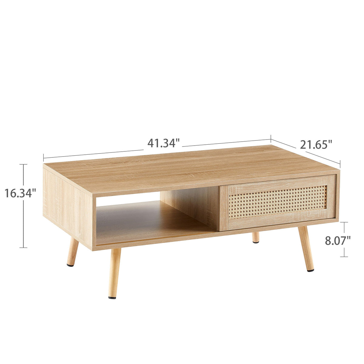 Rattan Coffee Table with Sliding Storage Door – Solid Wood Legs - Light Brown, White, or Dark Brown