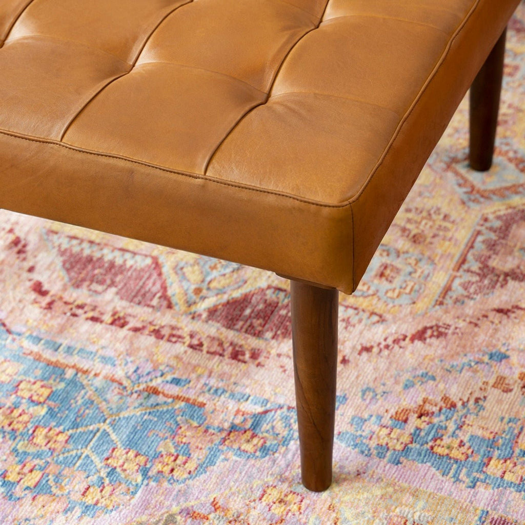 Tufted Square Genuine Upholstered Ottoman with High-Density Foam - Light Brown